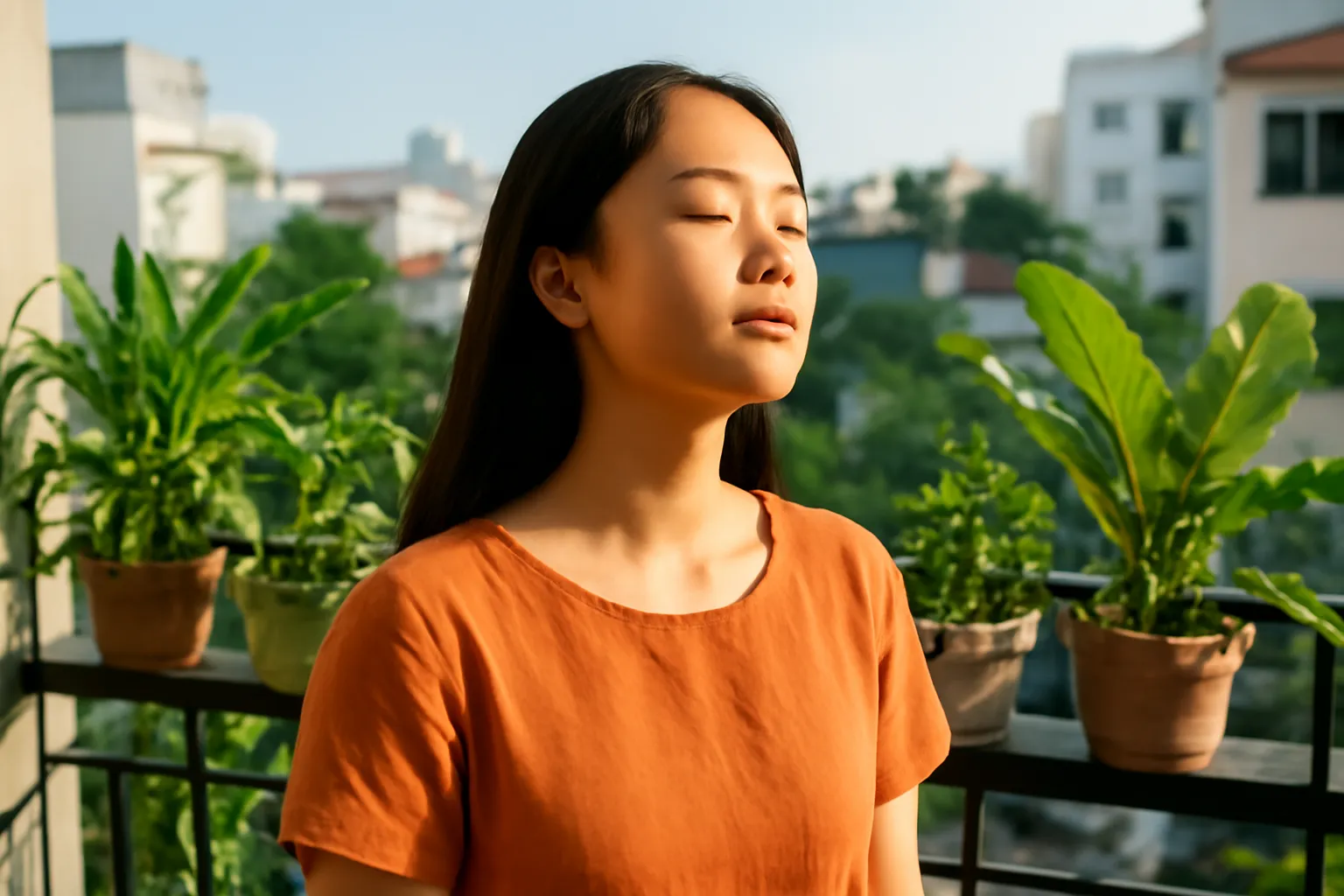 Cô gái nhắm mắt cảm nhận nắng chiều trên ban công nhiều cây xanh