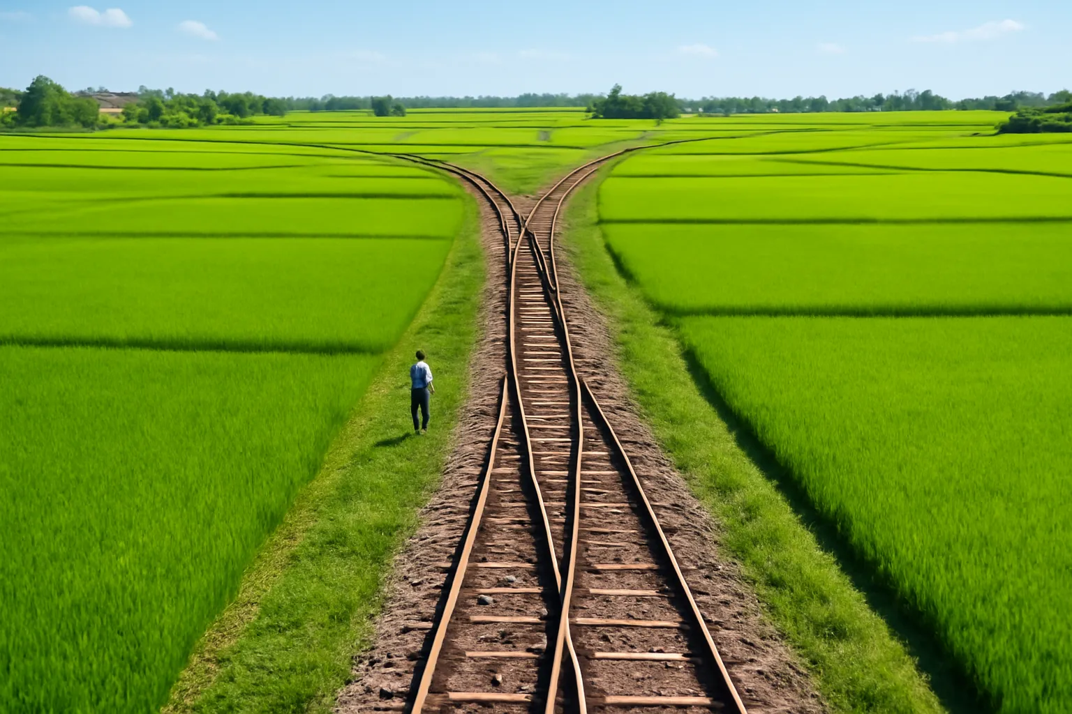 Ngã rẽ đường ray tàu hoả chia hai nhánh giữa cánh đồng lúa xanh nhìn từ trên cao