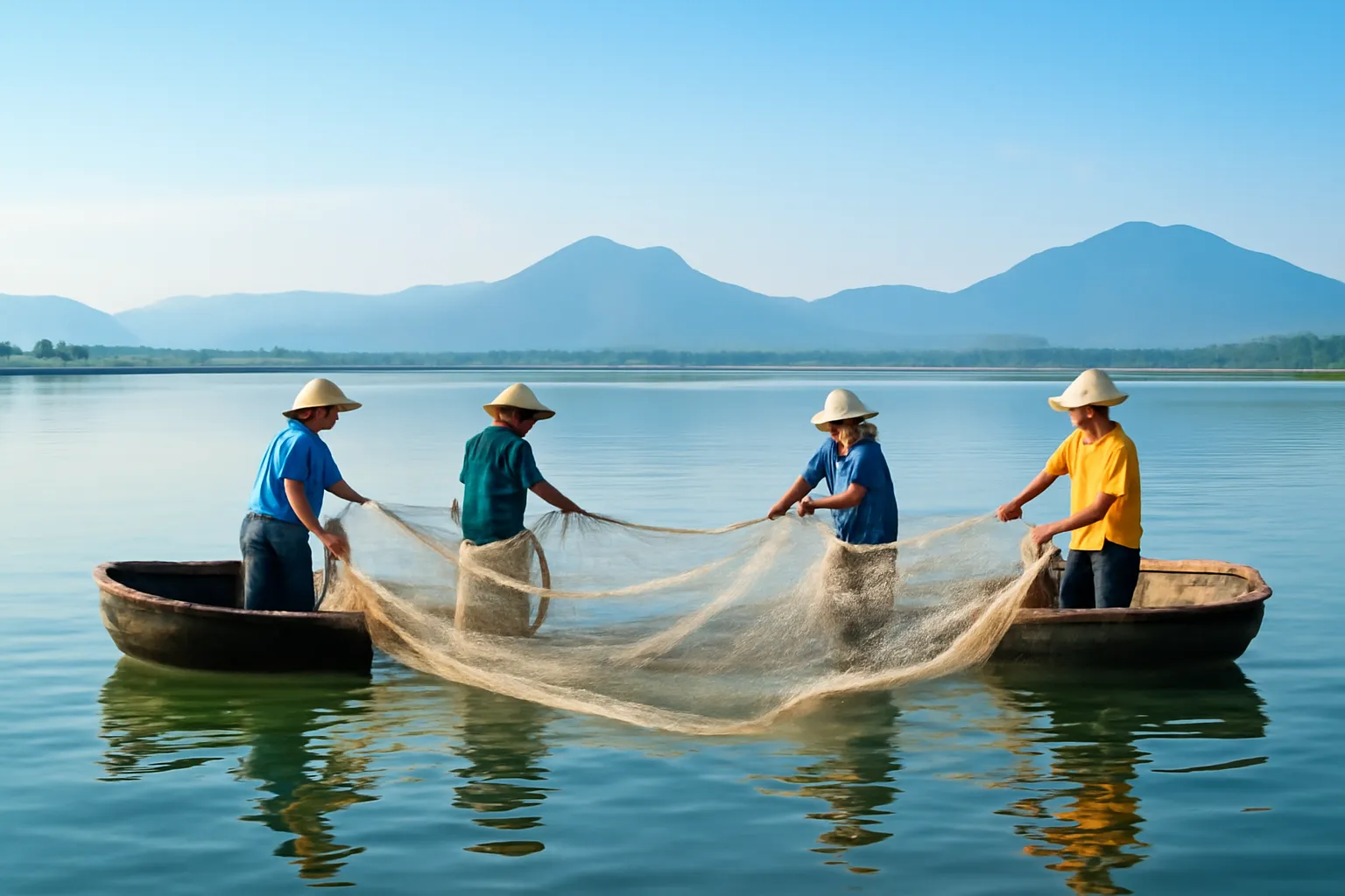 Ngư dân cùng kéo lưới trên đầm phá miền Trung lúc sáng sớm