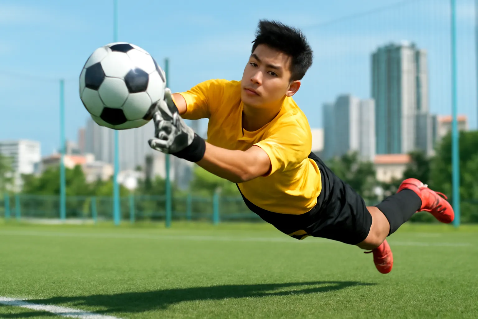 Thủ môn trẻ lao người bắt bóng trên sân cỏ nhân tạo