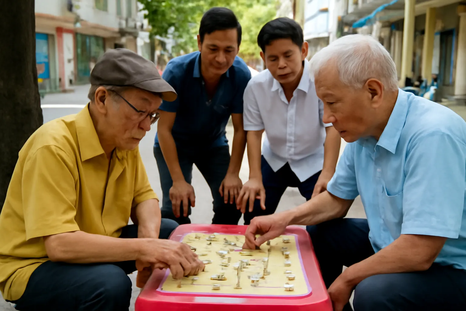 Hai người đàn ông chơi cờ tướng trên vỉa hè, người xem đứng phía sau