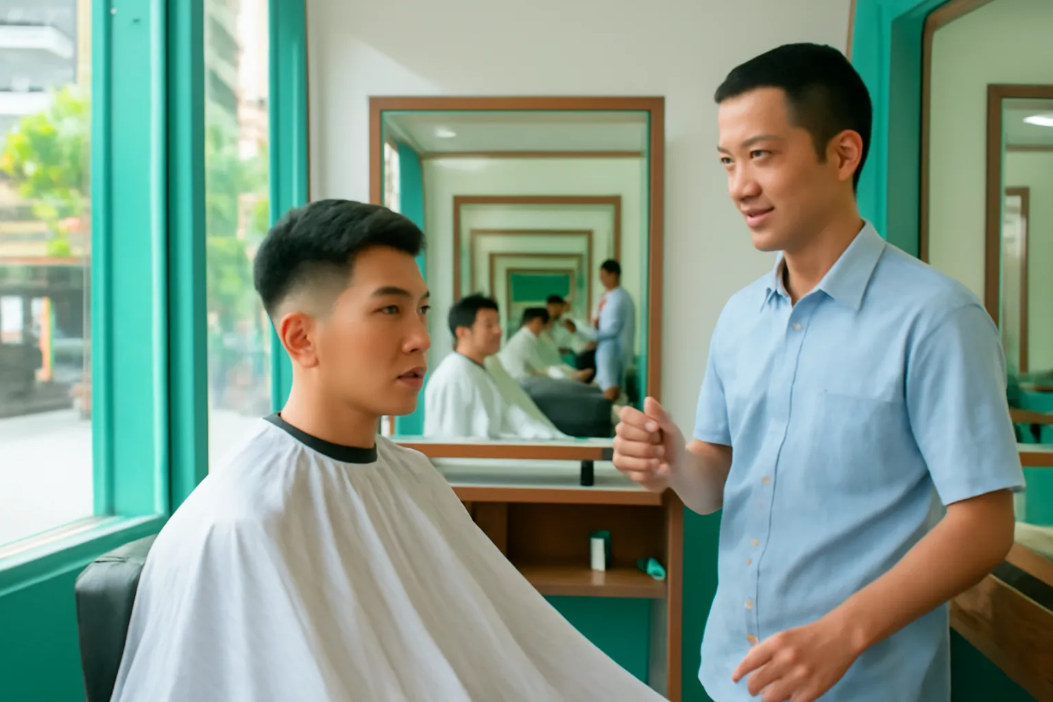 Hai tấm gương đối diện tạo hành lang phản chiếu vô tận trong tiệm cắt tóc