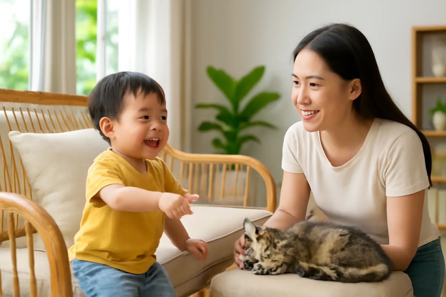 Em bé tập nói chỉ tay vào con mèo, mẹ ngồi cạnh cười trong phòng khách