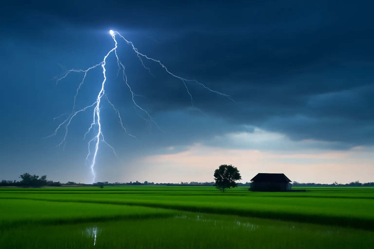 Tia sét lan trên bầu trời đêm vùng đồng bằng