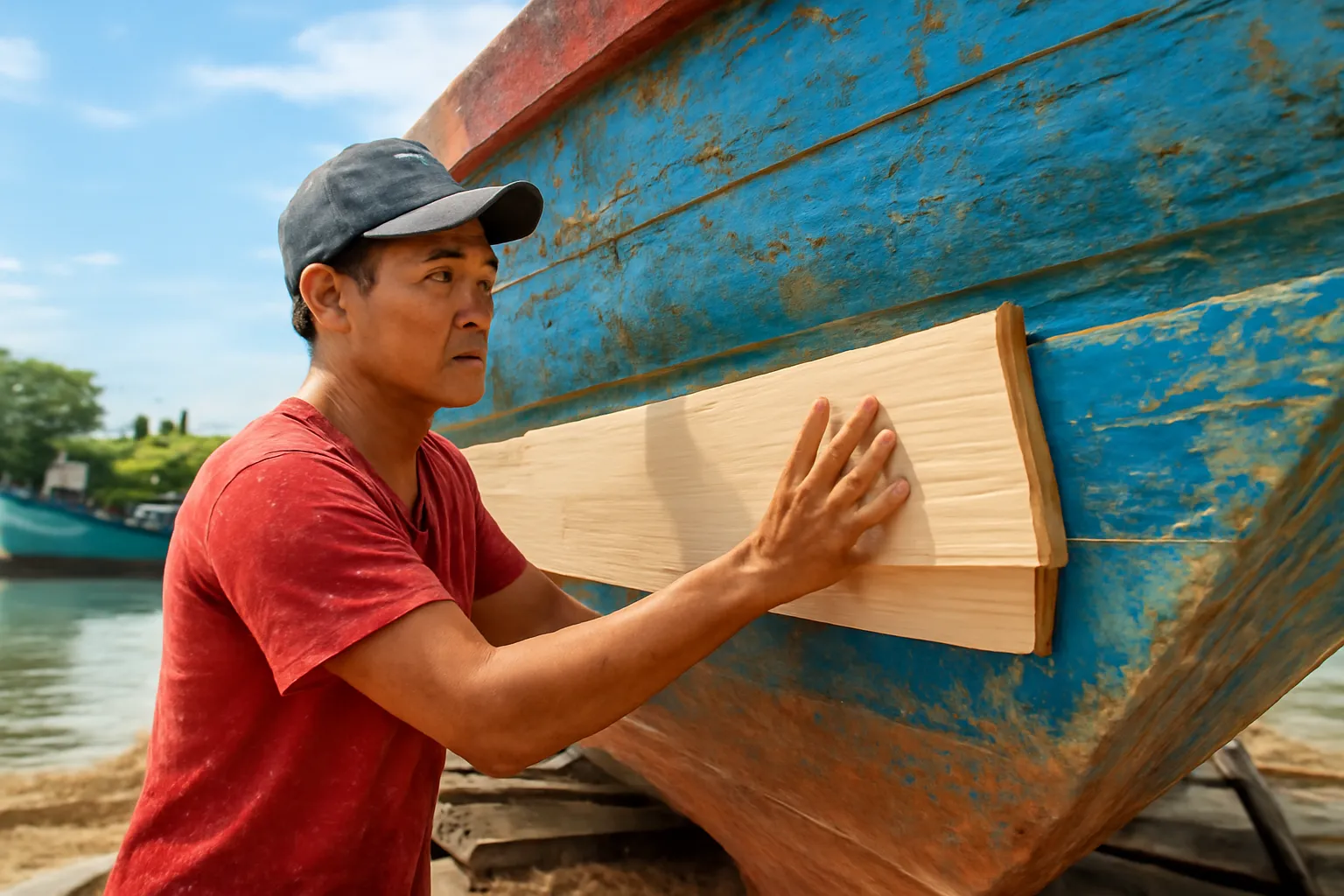 Người thợ đóng thuyền thay tấm ván gỗ mới trên thân thuyền ở xưởng ven sông