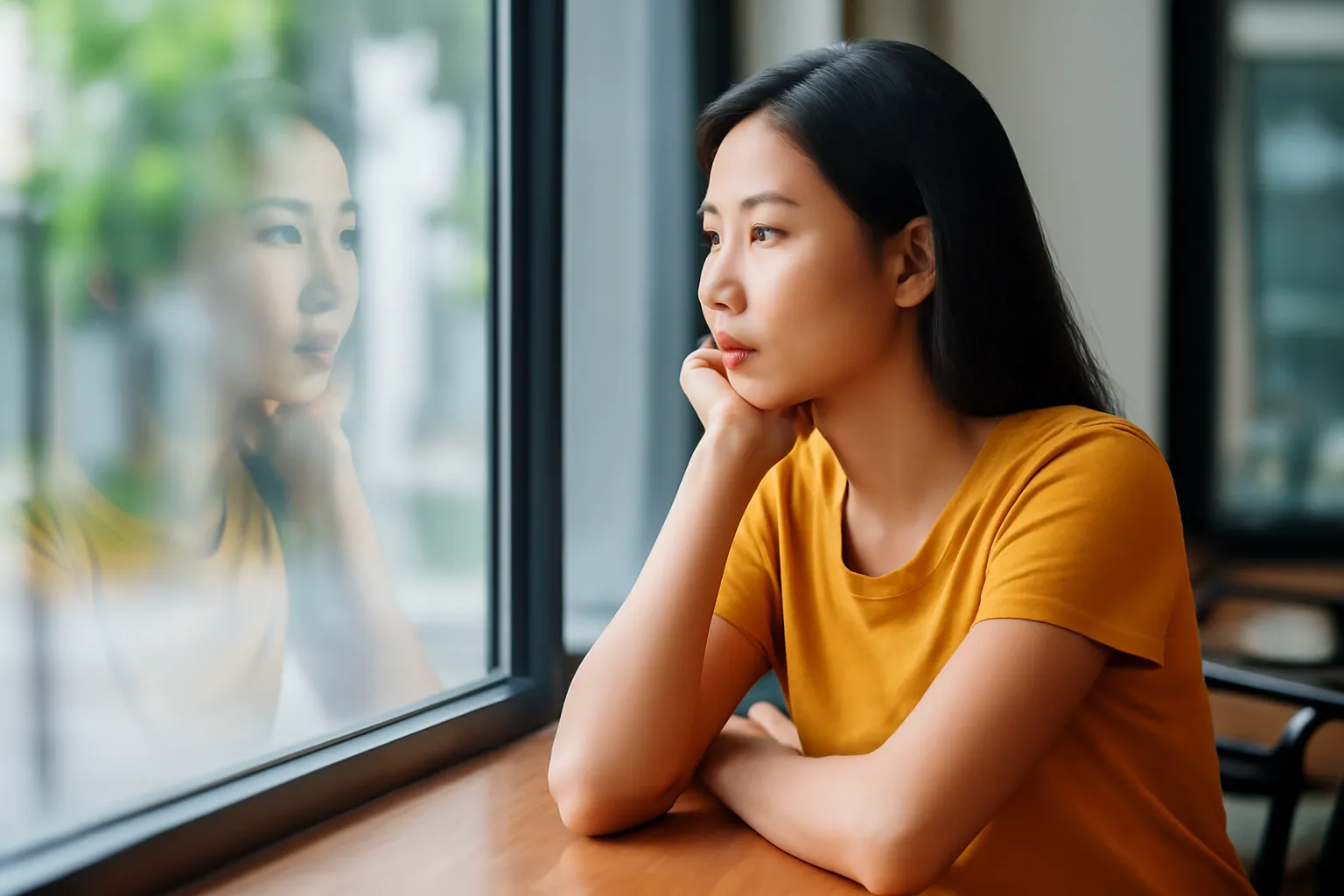 Cô gái ngồi bên cửa kính quán cà phê sáng sớm nhìn bóng mình phản chiếu