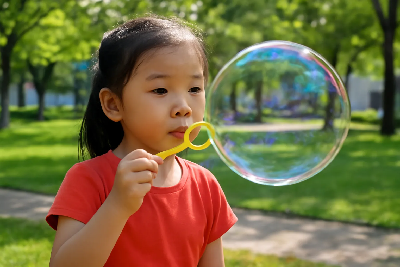 Cô bé thổi bong bóng xà phòng lớn óng ánh trong công viên buổi sáng