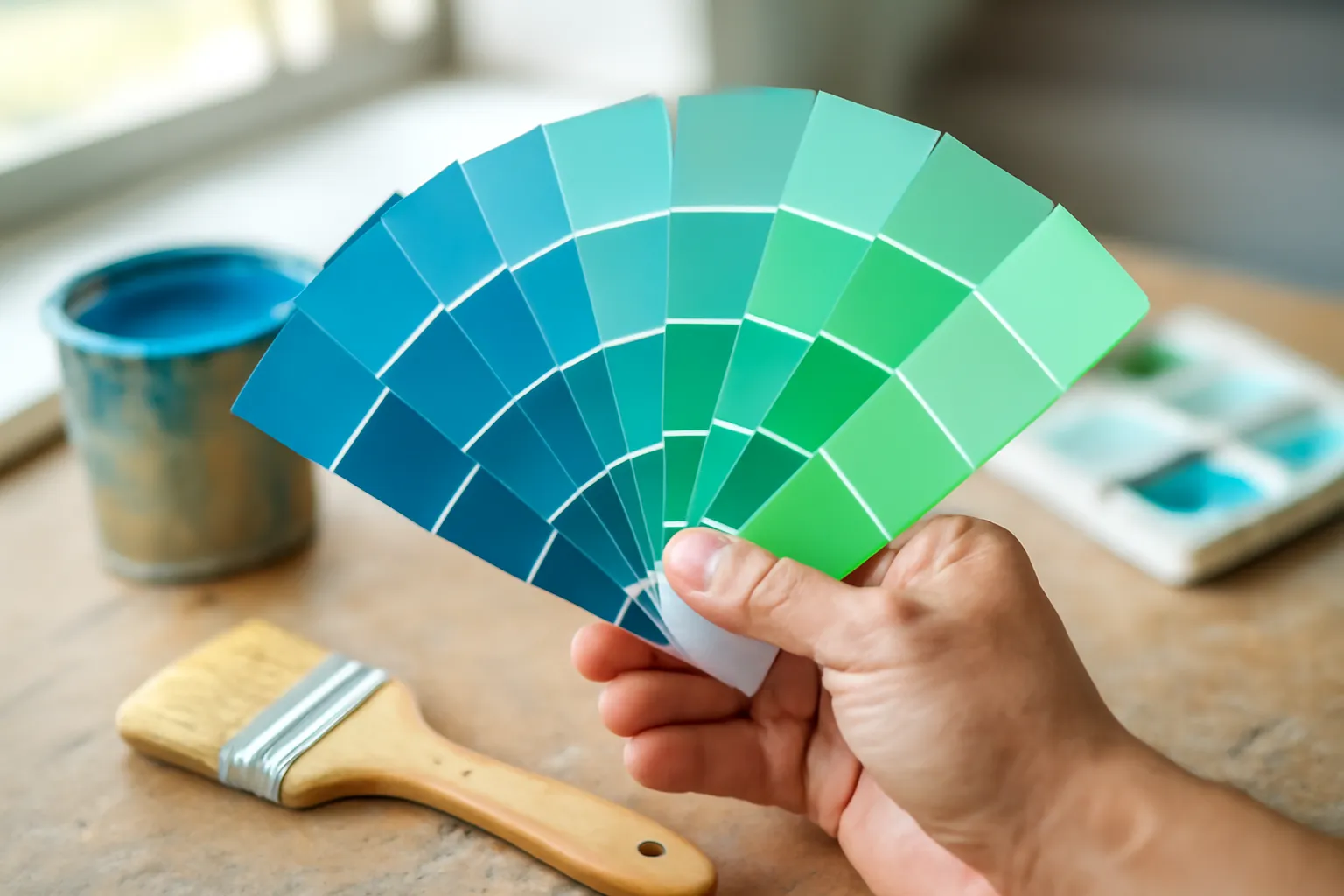 Bảng mẫu sơn nhiều sắc xanh trải trên bàn thợ sơn chụp cận