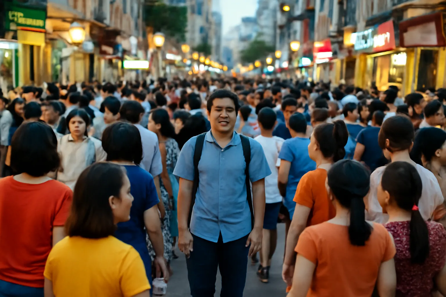 Người đi bộ chậm giữa dòng người đông trên phố đi bộ buổi tối