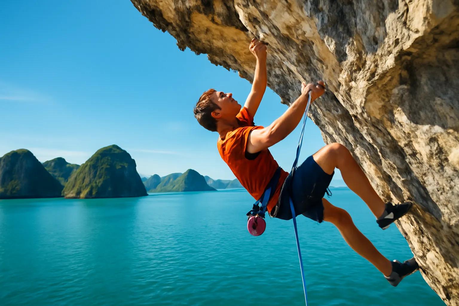 Người leo núi bám vách đá vôi ven biển nhìn từ góc thấp