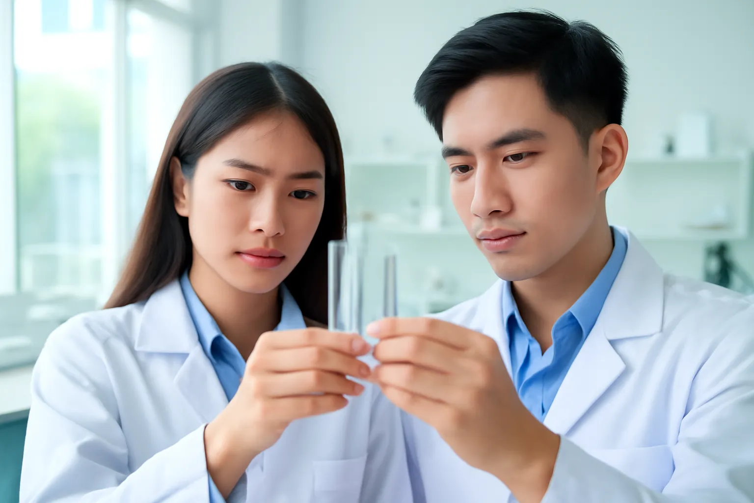 Hai nhà nghiên cứu đối chiếu hai ống nghiệm giống nhau trong phòng thí nghiệm sáng