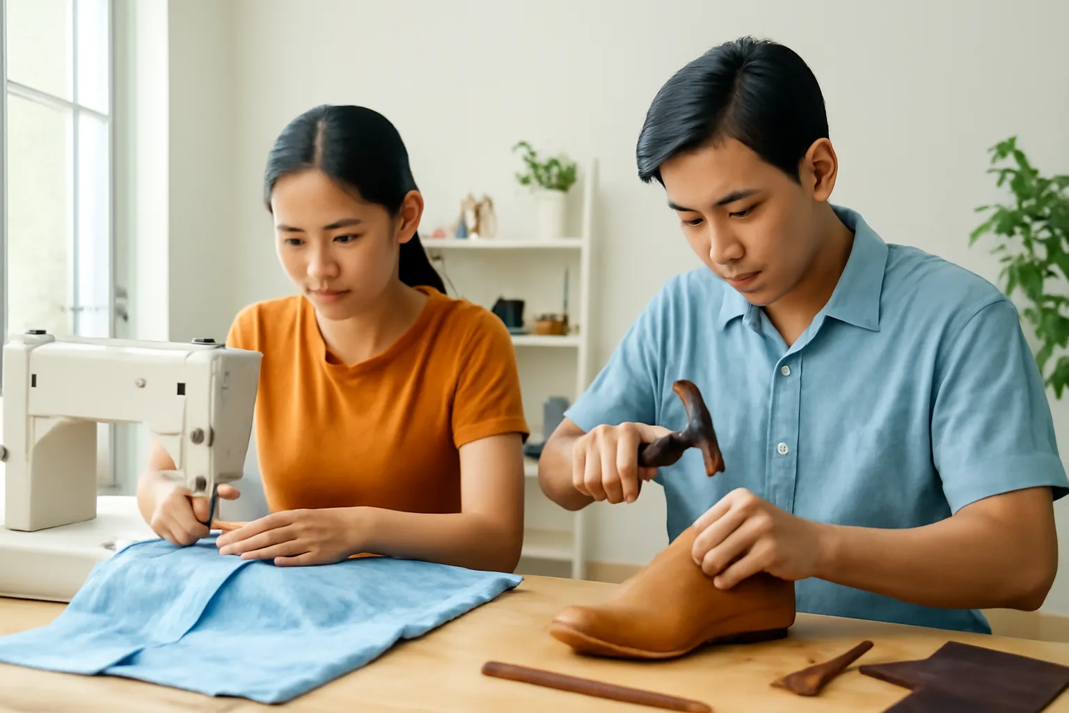 Hai người thợ một may áo một đóng giày ngồi cạnh nhau trong xưởng nhỏ