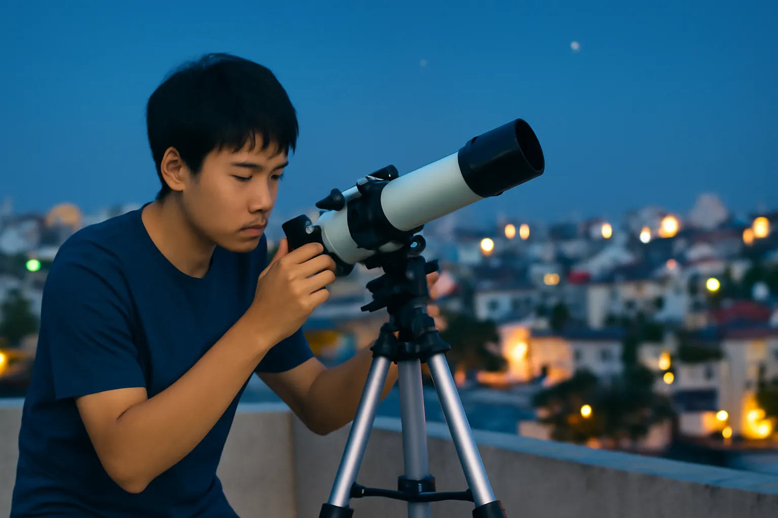 Người căn chỉnh kính thiên văn nhỏ trên sân thượng lúc chạng vạng