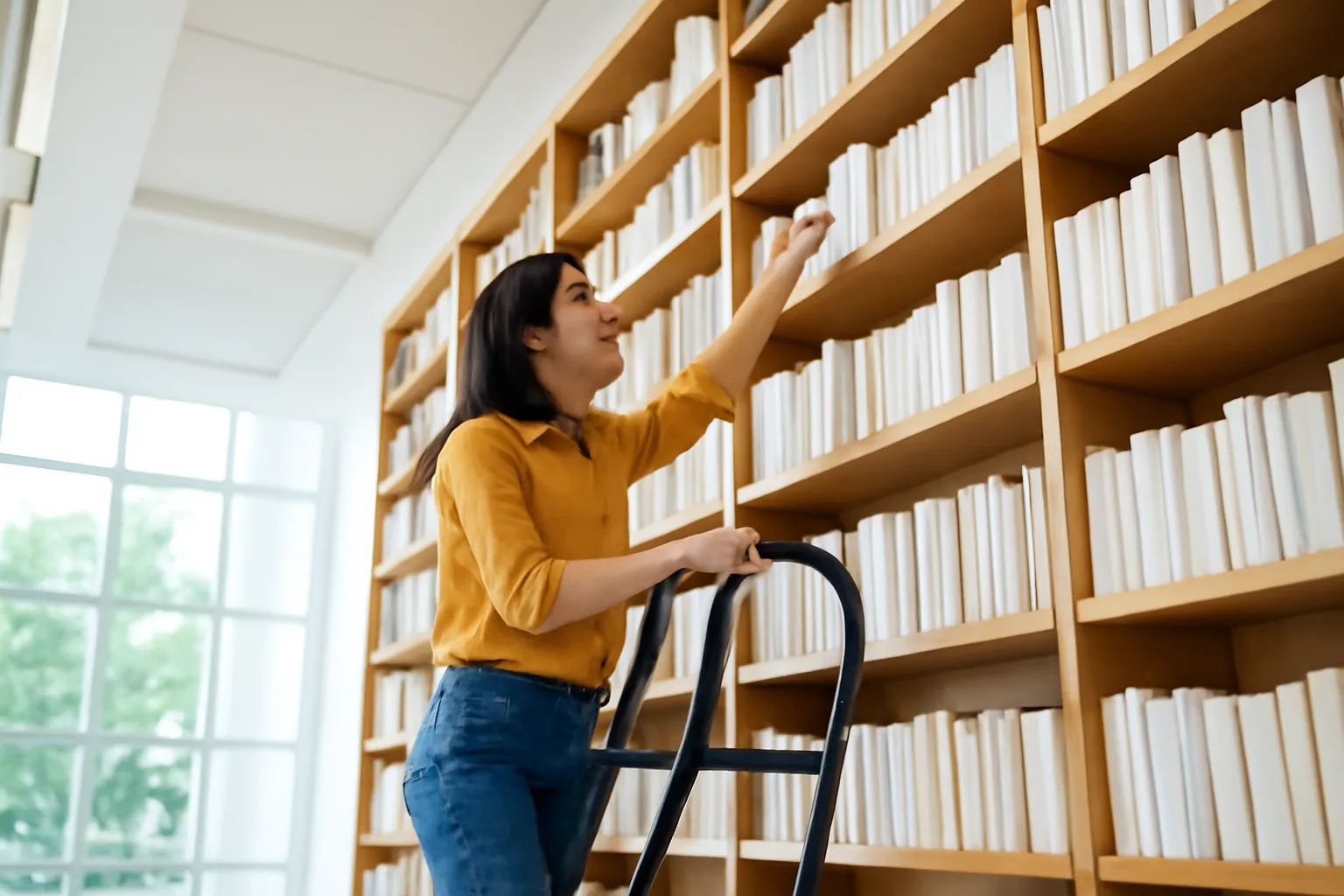 Thủ thư xếp sách lên kệ cao trong thư viện hiện đại nhìn từ góc thấp