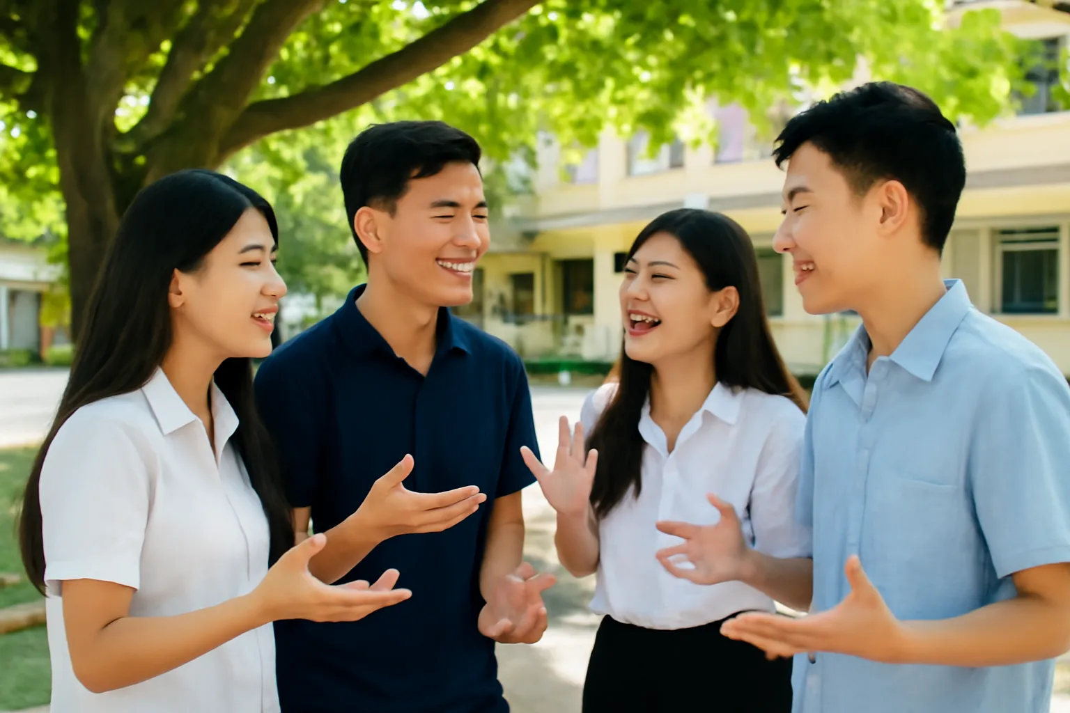 Nhóm thiếu niên trò chuyện bằng tay vui vẻ ở sân trường
