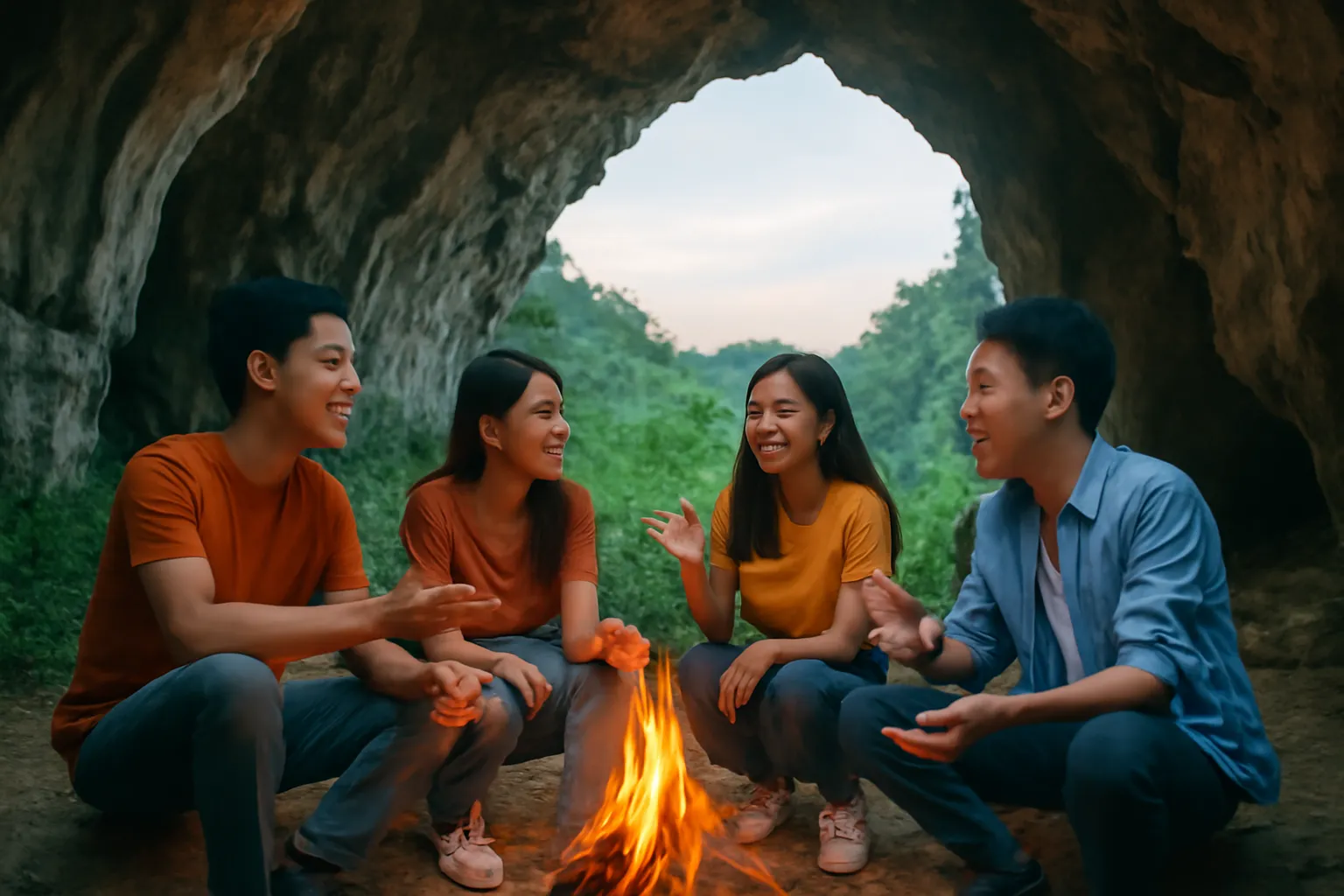 Nhóm bạn trò chuyện quanh đống lửa trại trong hang đá vôi