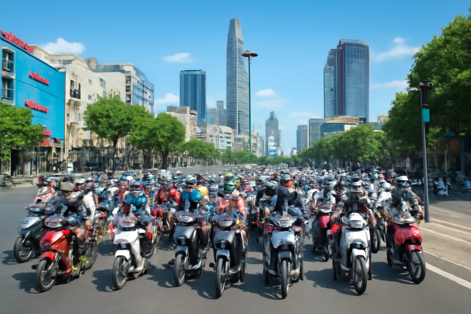 Đèn giao thông chuyển xanh ở ngã tư đông xe máy