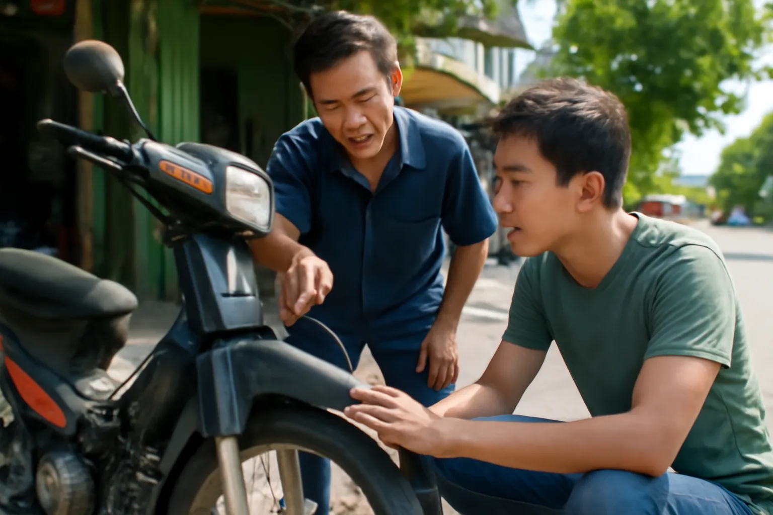Người đàn ông cúi xem động cơ xe máy cũ ở tiệm sửa xe ven đường