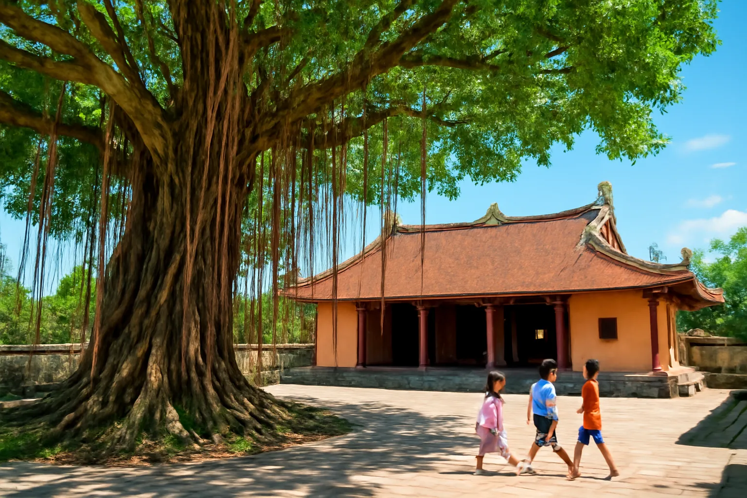 Cây đa cổ thụ rễ phụ buông dài ở sân đình làng nhìn toàn cảnh