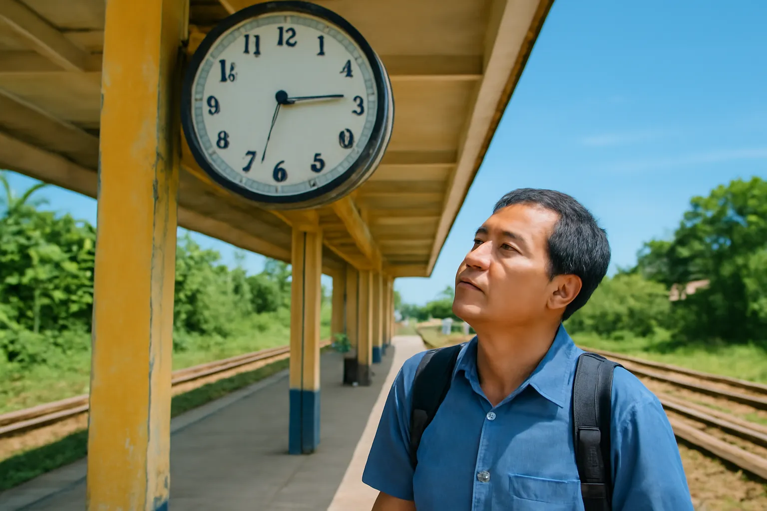 Người đàn ông nhìn lên chiếc đồng hồ treo tường đã dừng kim trong sân ga nhỏ