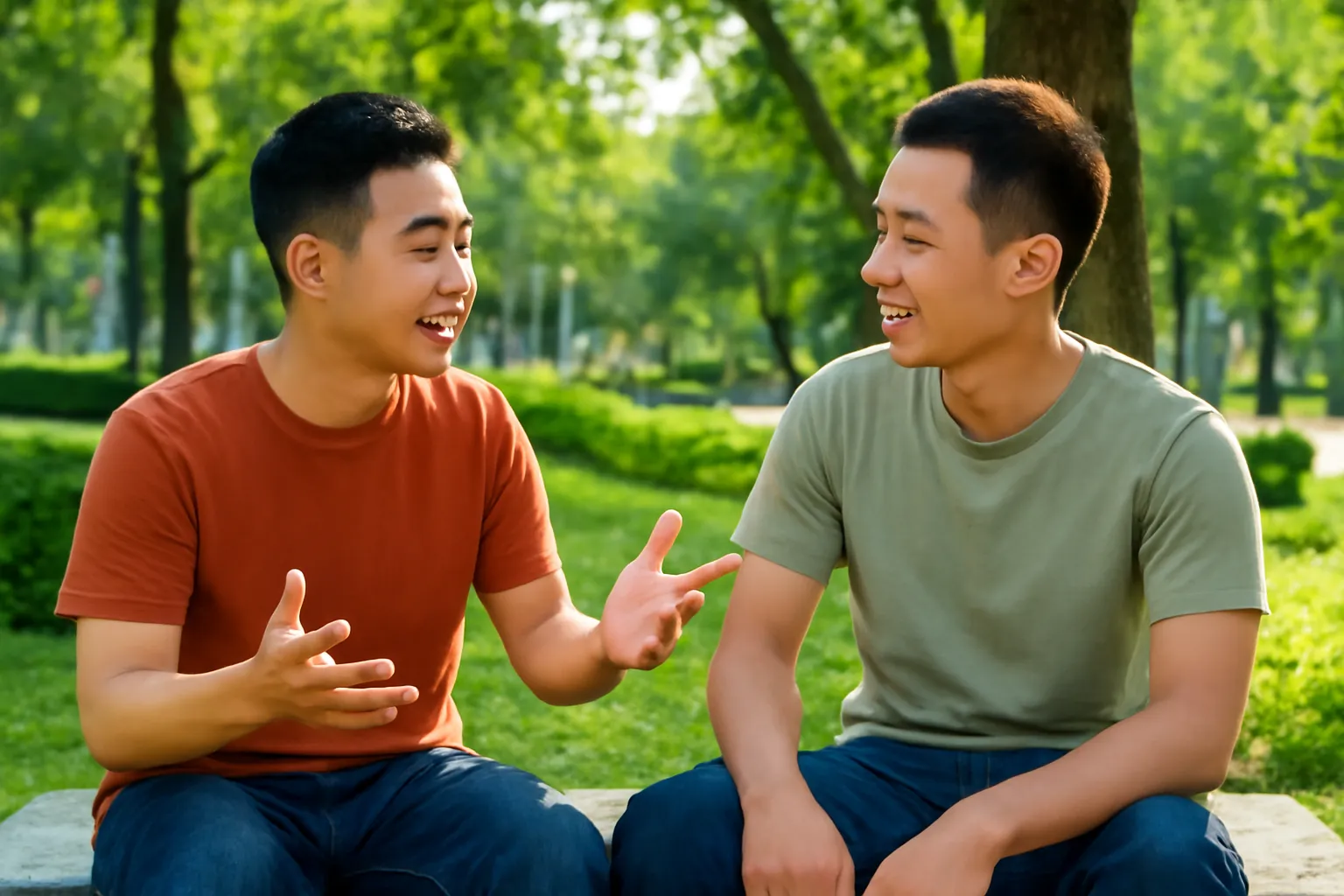 Hai người bạn trẻ tranh luận nhẹ nhàng trên ghế đá công viên lúc chiều