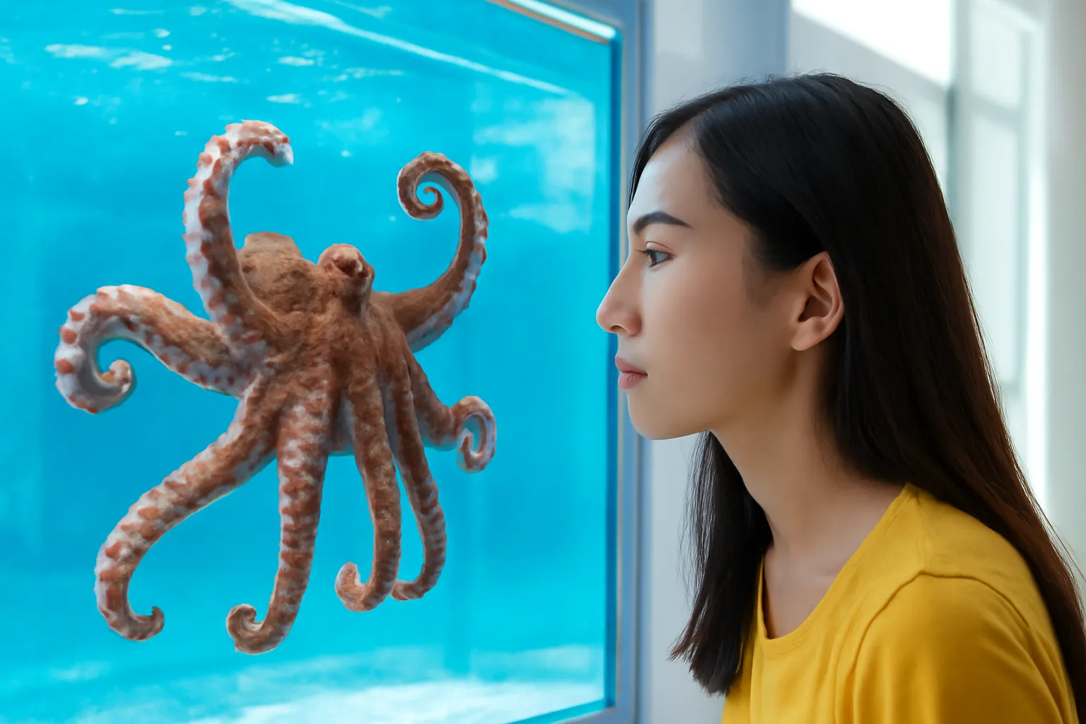 Cô gái nhìn con bạch tuộc qua vách kính bể thuỷ cung